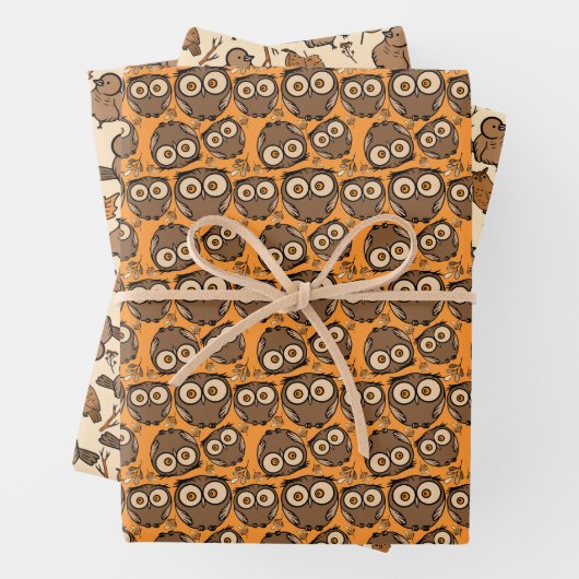 schattige uil en vogelpatroon inpakpapier vel (In situ)