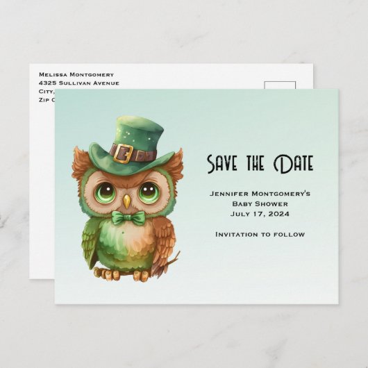 Schattige Uil in een Groene Top Hoed Sla de Datum Uitnodiging Briefkaart (Voorkant / Achterkant)