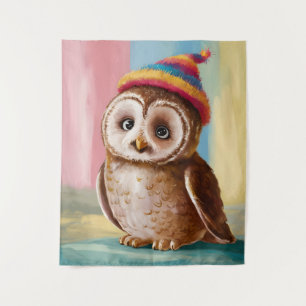 Schattige Uil in Kleurrijke Beanie Wandkleed