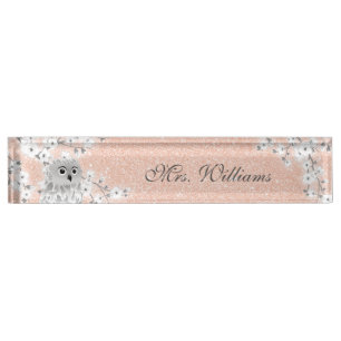 Schattige Uil Kersenbloesem Roze Goud Glitter Lera Naambordje