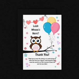 Schattige uil met ballonnen en harten Baby shower Bedankkaart