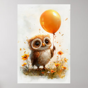 Schattige uil met Oranje ballon - grillige Autum Poster