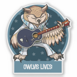 Schattige Uil Owlvis Leeft! Zanger Met Gitaar Cart Sticker