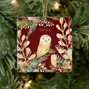 Schattige uilen Rode dennen waterverf Kerstjaar Keramisch Ornament