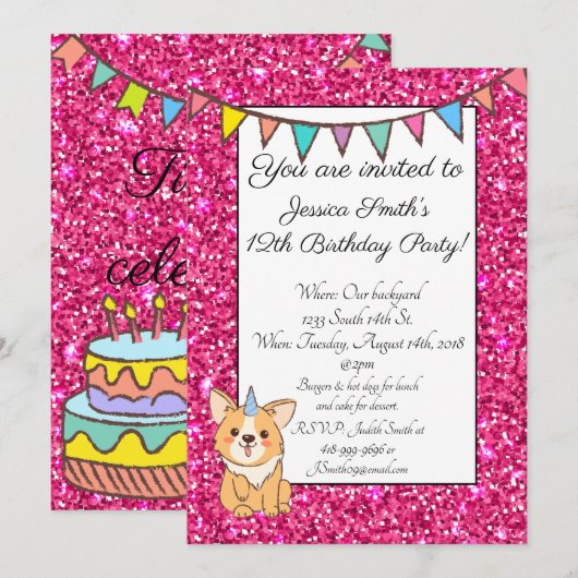 Schattige Unicorgi Glitter verjaardagsuitnodiging Kaart (Voorkant / Achterkant)