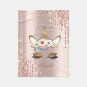 Schattige Unicorn Floral Roos Gold Glitter Drivers Fleece Deken