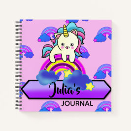 Schattige Unicorn Kitty Cat op een regenboog Notitieboek