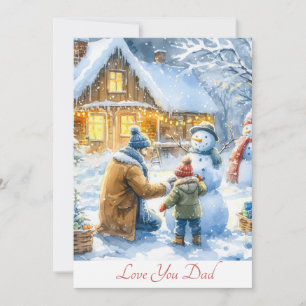 Schattige vader en zoon bouwen sneeuwman aquarel feestdagenkaart