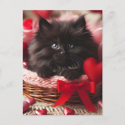 Schattige Valentijn Fluffy Black Kitten in mand Briefkaart (Voorkant)