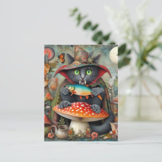 Schattige Vampier Kat Met Een Vis Op Een Paddestoe Briefkaart (Staand voorkant)