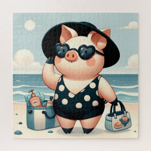 Schattige Varken in Polka Dot Zwempak op het stran Legpuzzel