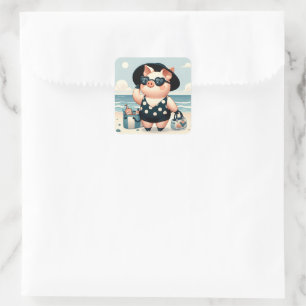 Schattige Varken in Polka Dot Zwempak op het stran Vierkante Sticker