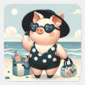 Schattige Varken in Polka Dot Zwempak op het stran Vierkante Sticker (Voorkant)
