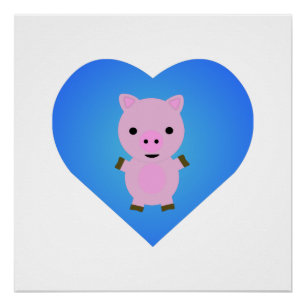 Schattige Varken met een Blauw Hart in Achtergrond Perfect Poster