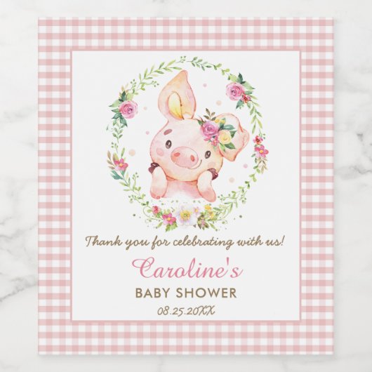 Schattige Varken Roze Bloemen Baby shower Verjaard Wijn Etiket (Enkel label)