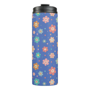 Schattige veelkleurig bloemmotief op blauw thermosbeker