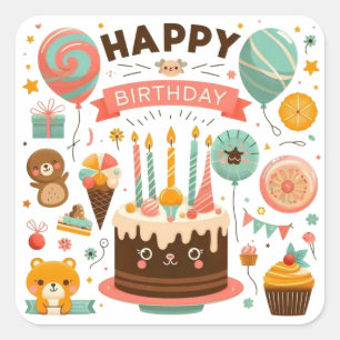 Schattige Verjaardag Cute Cake & Beer Vierkante Sticker