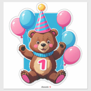 Schattige verjaardagsbeer met feesthoed en ballonn sticker