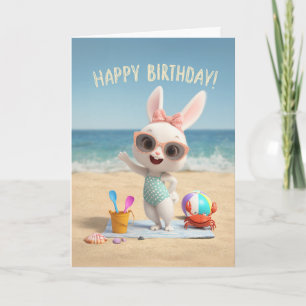 Schattige verjaardagsbunny in een zwempak met polk kaart