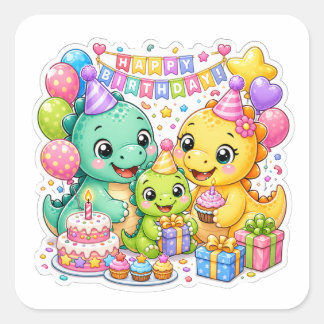 Schattige verjaardagsfeestje Dinosaur Art Vierkante Sticker