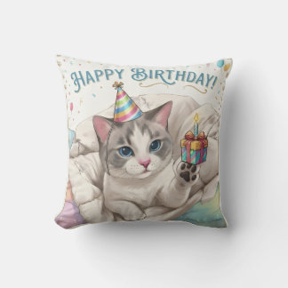 Schattige verjaardagskat met feesthoed en cadeau kussen