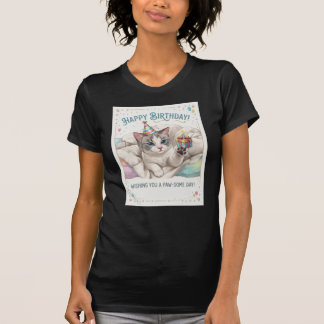 Schattige verjaardagskat met feesthoed en cadeau t-shirt