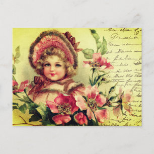 Schattige  Victoriaans Roze Meisje Bloemen Briefkaart