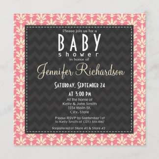 Schattige Vierkant Roze Damask Pattern Baby shower Kaart