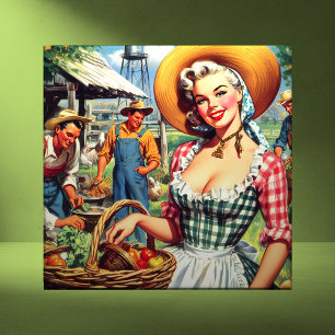 Schattige vintage boerenpin-up tegeltje