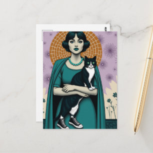 Schattige vintage dame en haar kat Sneakers Briefkaart