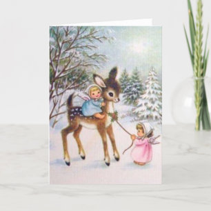 Schattige vintage engelen met Kerstmis baby herten Feestdagen Kaart