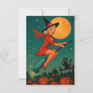 Schattige Vintage Halloween Heks Op Bezem