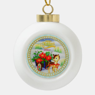 Schattige Vintage Kerst Reindeer & Bloemen Kar Keramische Bal Ornament