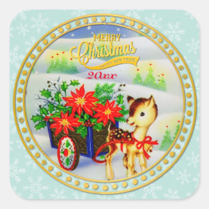 Schattige Vintage Kerst Rendier & Bloemenwagen Vierkante Sticker