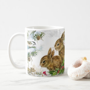Schattige Vintage-kerstsnow Bunny en Holly Koffiemok