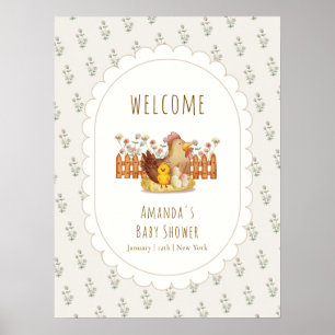 Schattige Vintage Kip Bloemige Baby Shower Welkom Poster