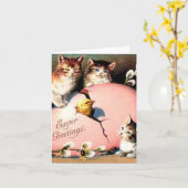 Schattige Vintage Kittens Pasen Groeten Kaart (Gele Bloem)