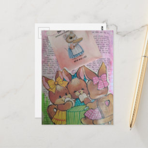 Schattige Vintage Konijnen en Muis Collage Briefkaart