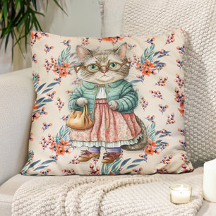 Schattige vintage oma kat roze schort bril kussen
