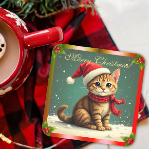 Schattige Vintage Tabby Kat Kerstmis Bier Onderzetter