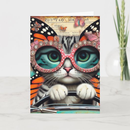 Schattige vlinder kat fee rijden alle gelegenheden kaart (Voorkant)