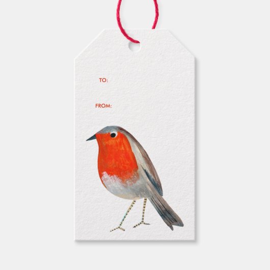 Schattige vogelrood robin blauw patroonkerstvakant cadeaulabel (Voorkant)