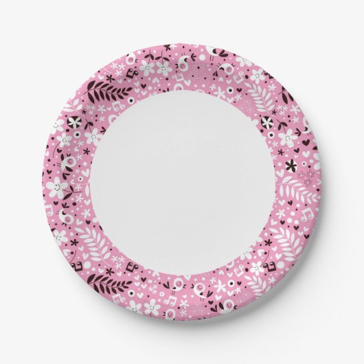 schattige vogels en roze bloemen papieren bordje (Voorkant)