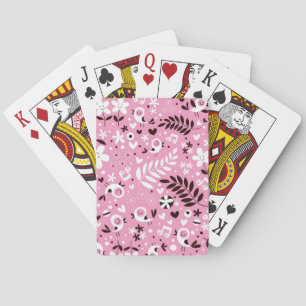 schattige vogels en roze bloemen speelkaarten