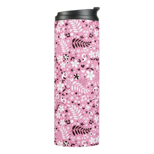 schattige vogels en roze bloemen thermosbeker (Gedraaid links)