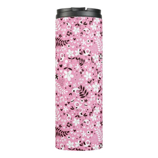 schattige vogels en roze bloemen thermosbeker (Achterkant)