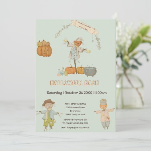 Schattige vogelverschrikker Halloween Bash Kaart (Staand voorkant)