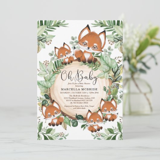 Schattige Vos Botanische Groene Neutrale Baby Show Kaart (Staand voorkant)