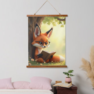 Schattige vos die een boek leest, kinderkamer hangend wandkleed