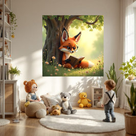 Schattige vos die een boek leest, kinderkamer  perfect poster